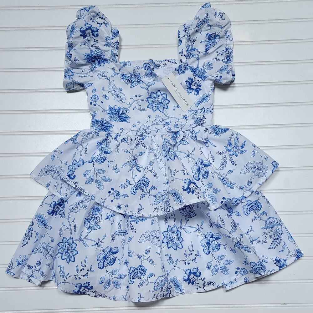 NWT Janie and Jack Girls Floral Tiered Bubble Sleeve Dress Size 6 White & Blue